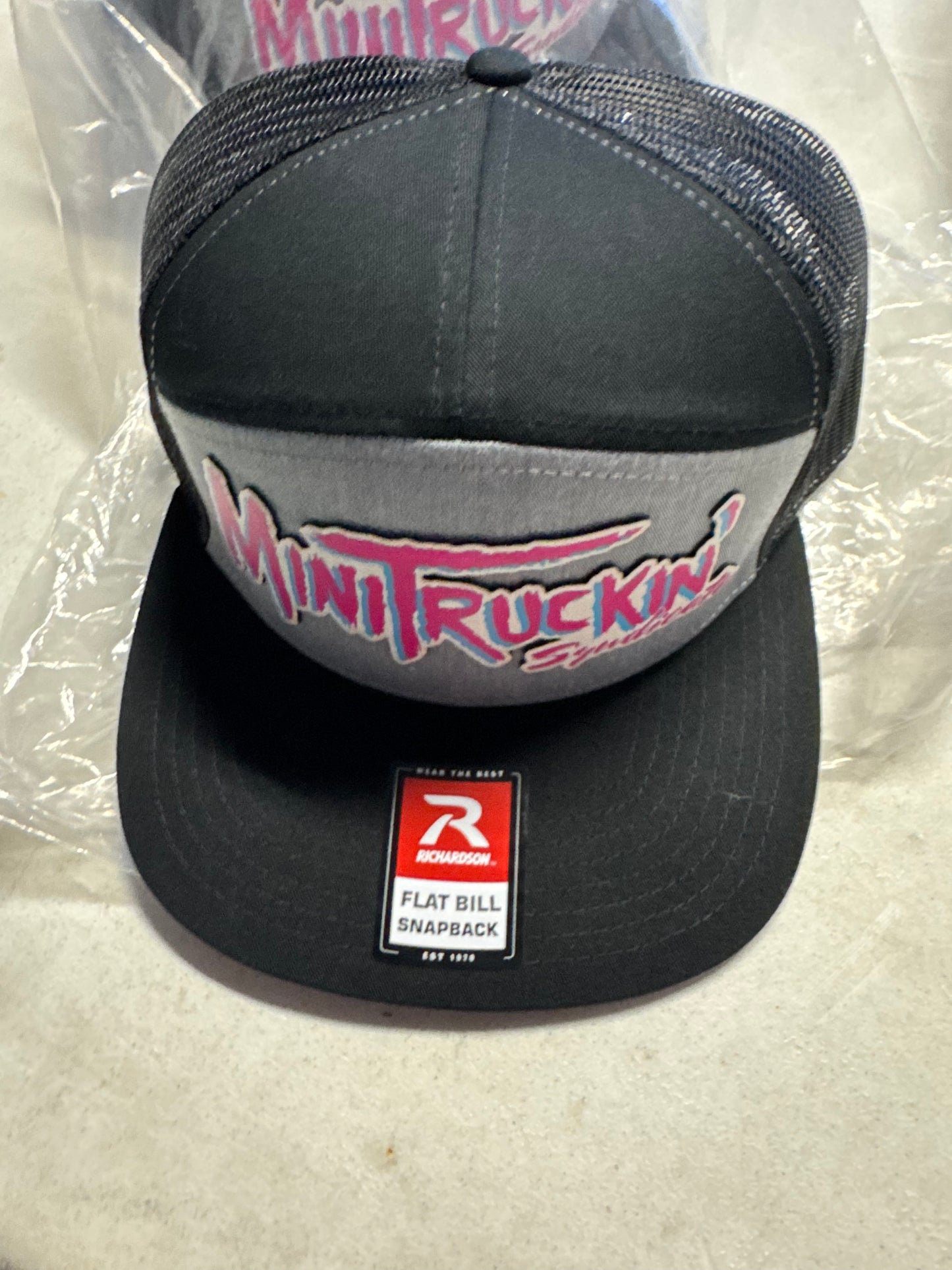 Black Bill (7 panel hat) - MiniTruckin' Syndicate Patch Hats